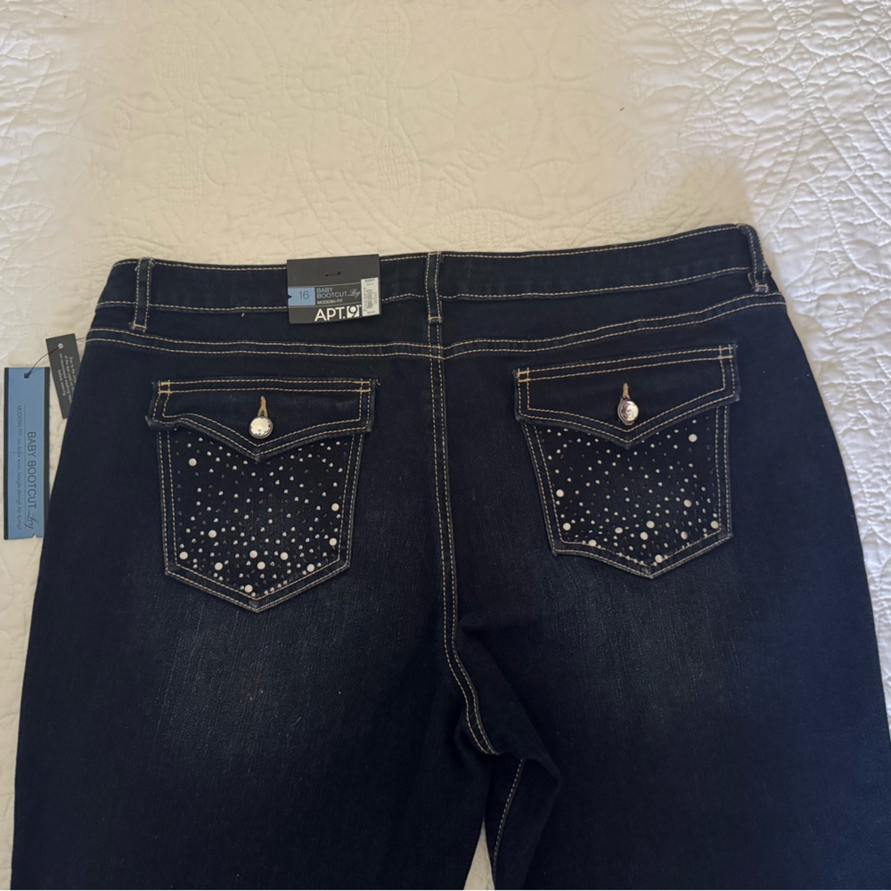 Women's Baby Boot Cut Dark Blue Jeans with Studded Pockets